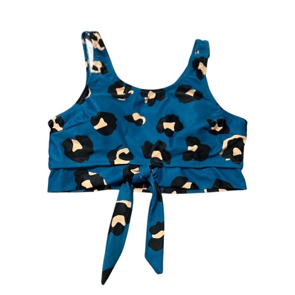 Women's Blue Leopard Print Knot Front Bikini Top Size S